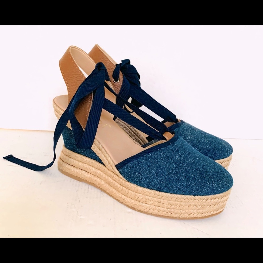Gorgeous blue denim espadrille tie-up shoes platform wedges leather sling back